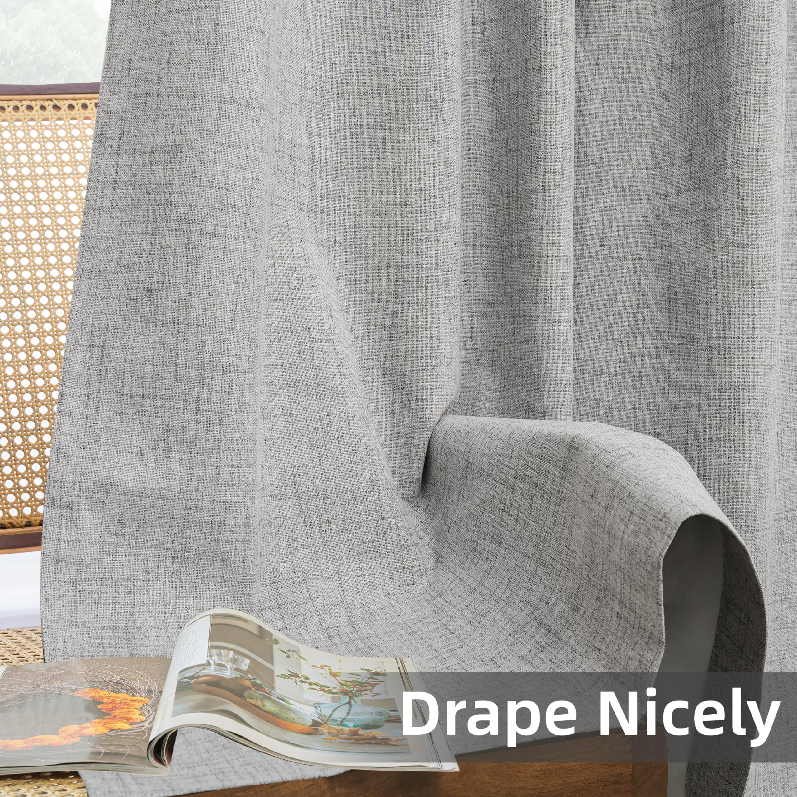 DriftAway 100% Blackout Linen Curtains for Bedroom 63 Inches Long Farmhouse Thermal Insulated 3 Inch Rod Pocket Back Tab Full Light Blocking 2 Panels for Living Room Nursery