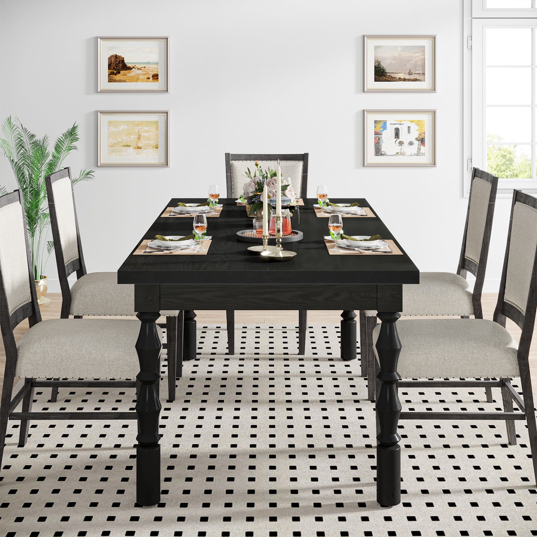 Tribesigns Dining Table, 62 in. Large Farmhouse Kitchen Table for 4-6, Rectangle Dinner Table Breakfast Table Kitchen & Dining Room Furniture with Carved Turned Legs