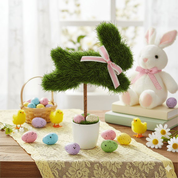 WEIH Faux Grass Running Bunny Topiary, 18" Easter Bunny Topiary for Outdoor Easter Decorations, Realistic Artificial Boxwood Rabbit for Front Porch Yard Garden Decor Spring Home Accents