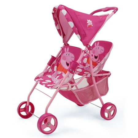 Peppa Pig Doll Twin Stroller - Pink & White Dots - Fits Dolls up to 24", Easy to Fold for Storage & Travel, For Dolls Plushes & Stuffed Animals, Pretend Play For Kids Ages 3+