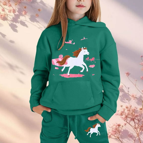 Tfken Outfits Sets For Child Girls Fall Cartoon Print Hooded Hoodies Sweatpants Long Sleeve Army Green Clothing Set Size 2-3 Years