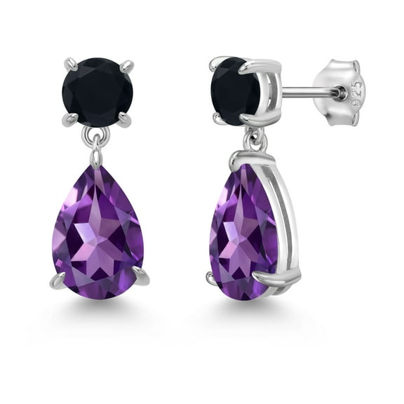 Gem Stone King 925 Sterling Silver Purple Amethyst and Black Onyx Teardrop Dangle Drop Earrings for Women (6.90 Cttw, Gemstone Birthstone, Pear Shape 12x8MM, Round 6MM)