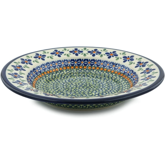 Polish Pottery 9¼-inch Pasta Bowl (Gingham Flowers Theme) Hand Painted in Boleslawiec, Poland + Certificate of Authenticity
