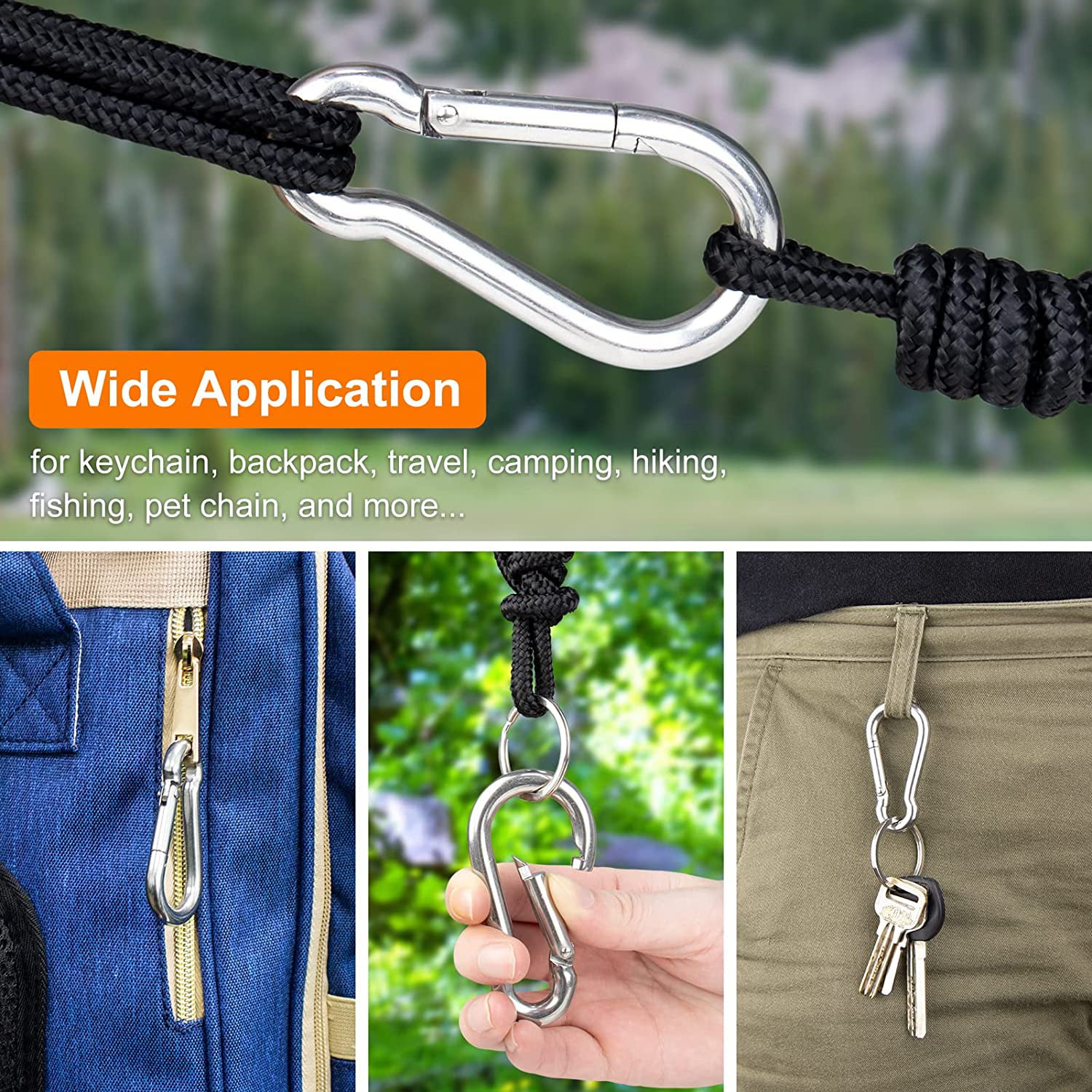 Carabiner-Heavy-Duty, 6 Pack 2.5\u201d Small Carabiner-Clips with Strong  Spring-Stainless Steel Snap Hooks for Climbing Hiking Gym Keych?in and Dog  Leash and Harness 