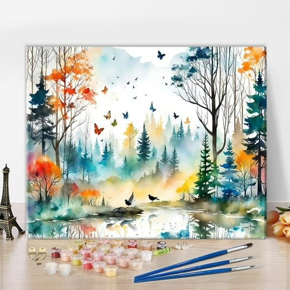 TISHIRON Paint by Numbers for Adults,16x20 inch Canvas Wall Art Watercolor Forest Painting by Numbers Kit for Home Wall Decor (Frameless)
