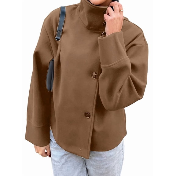Women Crop Pea Coat Winter Loose Casual Short Jacket Outwear Coffee L