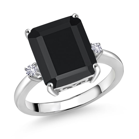 Gem Stone King 925 Sterling Silver 12X10MM Black Onyx and 2MM White Created Sapphire 3 Stone Engagement Ring for Women | 5.85 Cttw | Gemstone December Birthstone | Size 5