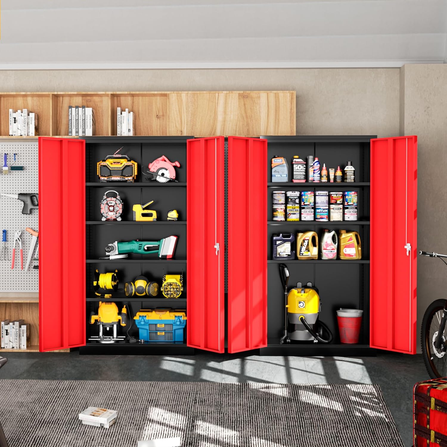 SOLAURA 72" Metal Garage Storage Cabinet with Locking Doors and Adjustable Shelves for Home, Office(Black Red )