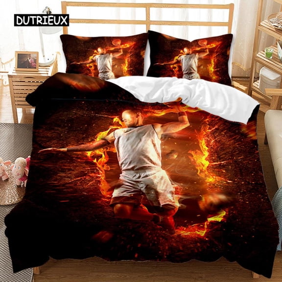 Basketball Duvet Cover Set Twin Size Sports Basketball Fire Pattern Twin Bedding Set Microfiber Quil