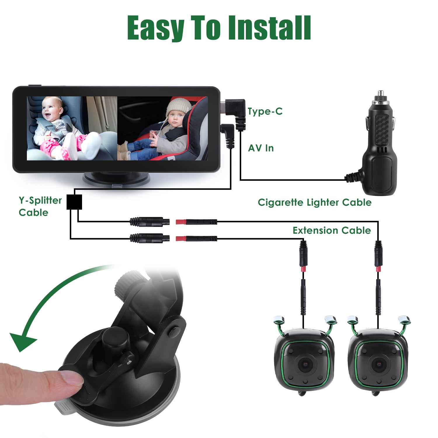 Moclever 1080P Baby Car Camera for 2 Kids, Dual Channel Car Baby Monitor with 120°Wide View 6.86in HD Split Screen Night Vision, Black