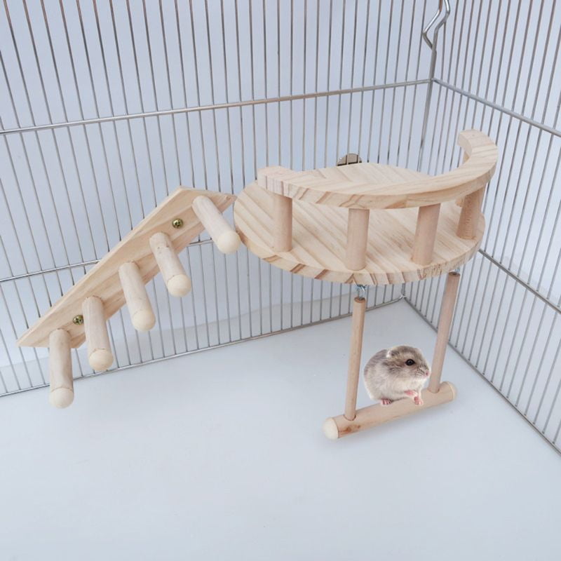 Hamster Climbing Toys for Cage Small Playground Natural Wood Swing Platform Ladder Chew Toy for Dwarf Hamsters