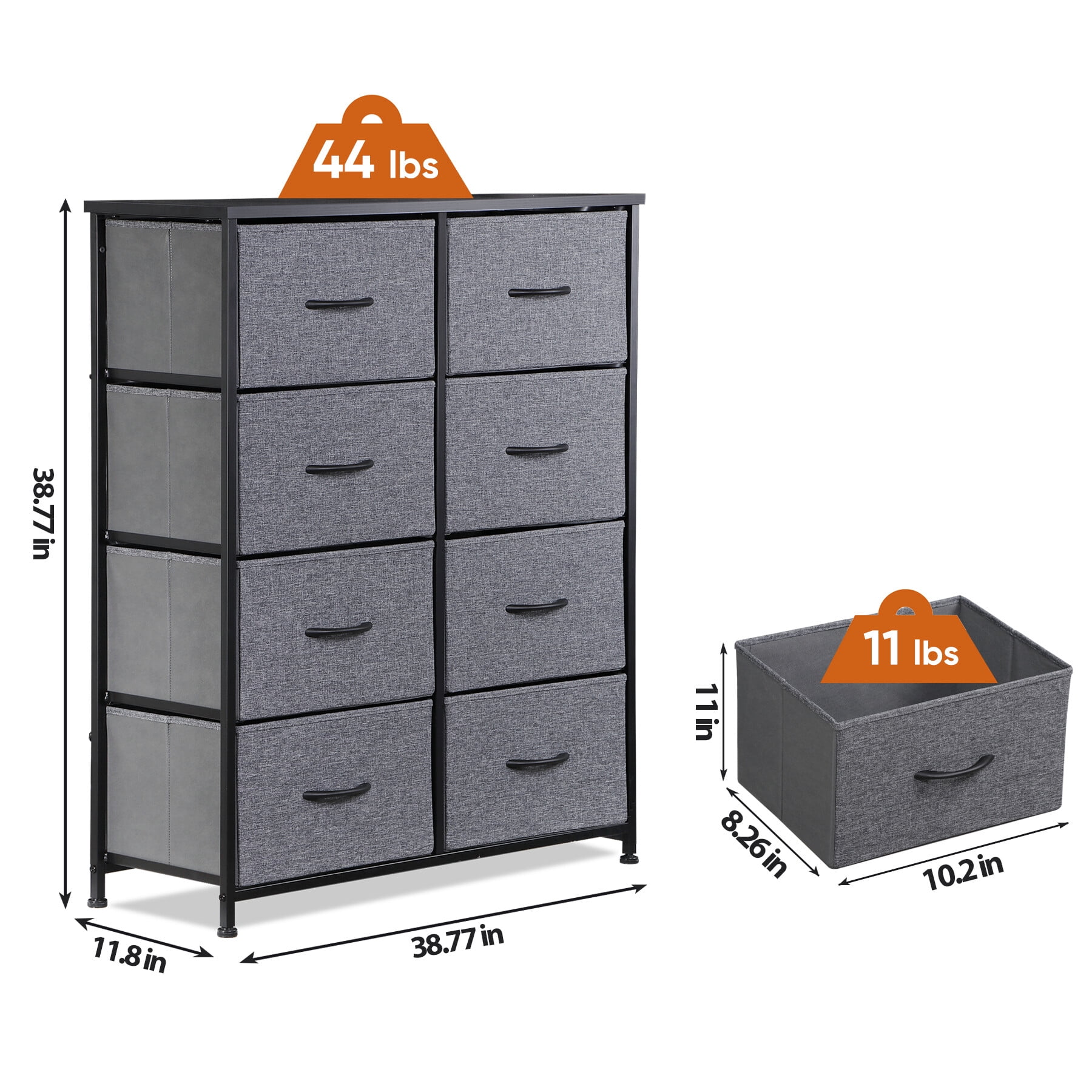 HomGarden 8 Drawer Storage Dresser Adult Vertical Fabric Chest of Drawers for Bedroom Living Room Gray