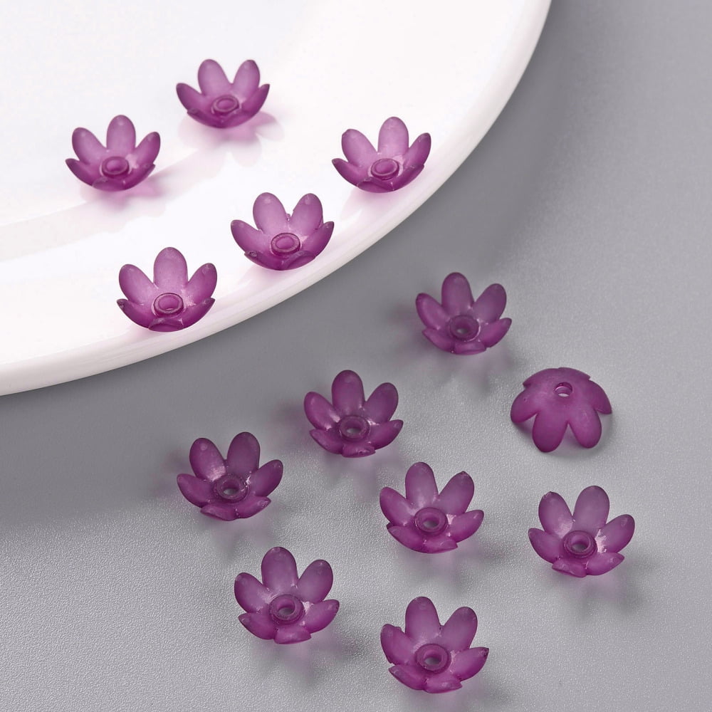 Frosted Acrylic Bead Caps 6-Petal Flower Dark Orchid 14x6mm Hole: 2mm about 1660pcs/500g