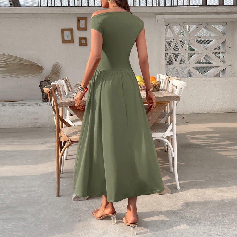 UoCefik Womens Summer Off Shoulder Sleeveless Midi Dress Cocktail A Line  Flowy Wedding Guest Dresses with Pockets Army Green S - Walmart.com