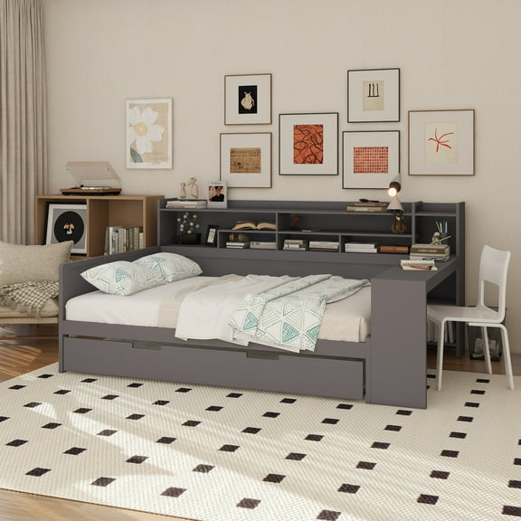 Wooden Full Size Daybed with Storage Shelves, Multi-functional Bed with Twin Size Trundle Bed and Study Desk,Gray