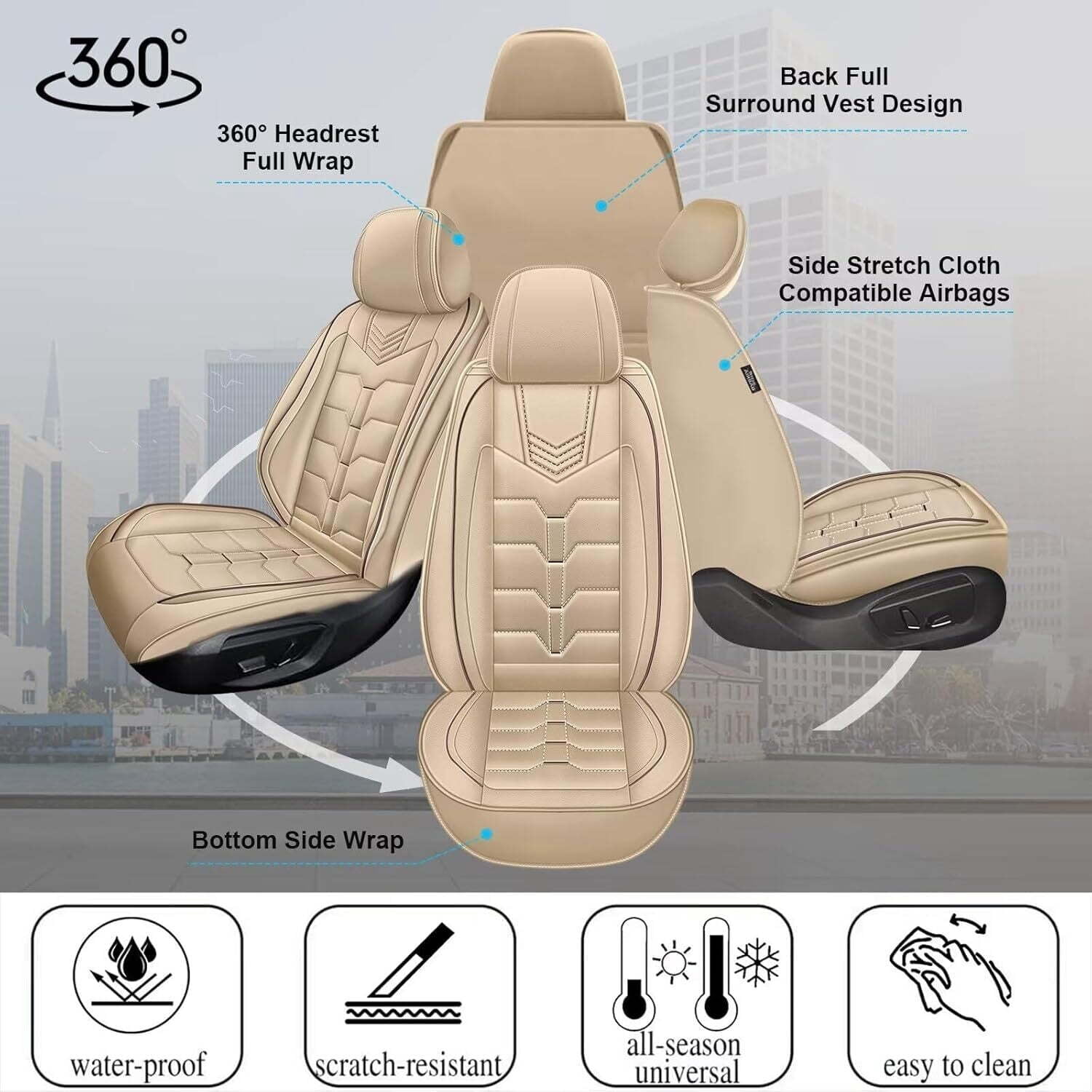 Car Seat Covers Front Seats for Infiniti Q70 2014-2019 Waterproof Leather Seat Covers Comfort Car Seat Protector with Lumbar Support Beige,Front Set(2 Seats)
