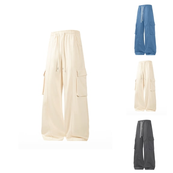 LIBRCLO Mens Cargo Pants Elastic Waist Open Bottom Pants with Drawstring and Multiple Pockets Fashion Athletic Leisure Straight Leg Trousers Beige XXL