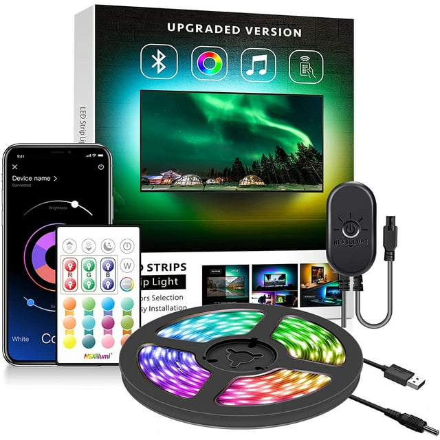 【2021 actualizado】nexillumi led strip lights tv led backlight rgb led strip usb alimentado para tv de 24 pulgadas y 60 pulgadas, espejo, pc, sincronización de control de aplicaciones con música, ilumi — tira LED negra enrollada en carrete con conector USB y receptor de control, control remoto IR multicontrol y app móvil mostrando rueda de color; paquete y televisor con retroiluminación RGB multicolor para crear ambiente y sincronización musical, también frecuentemente usada para iluminar monitores y PCs.