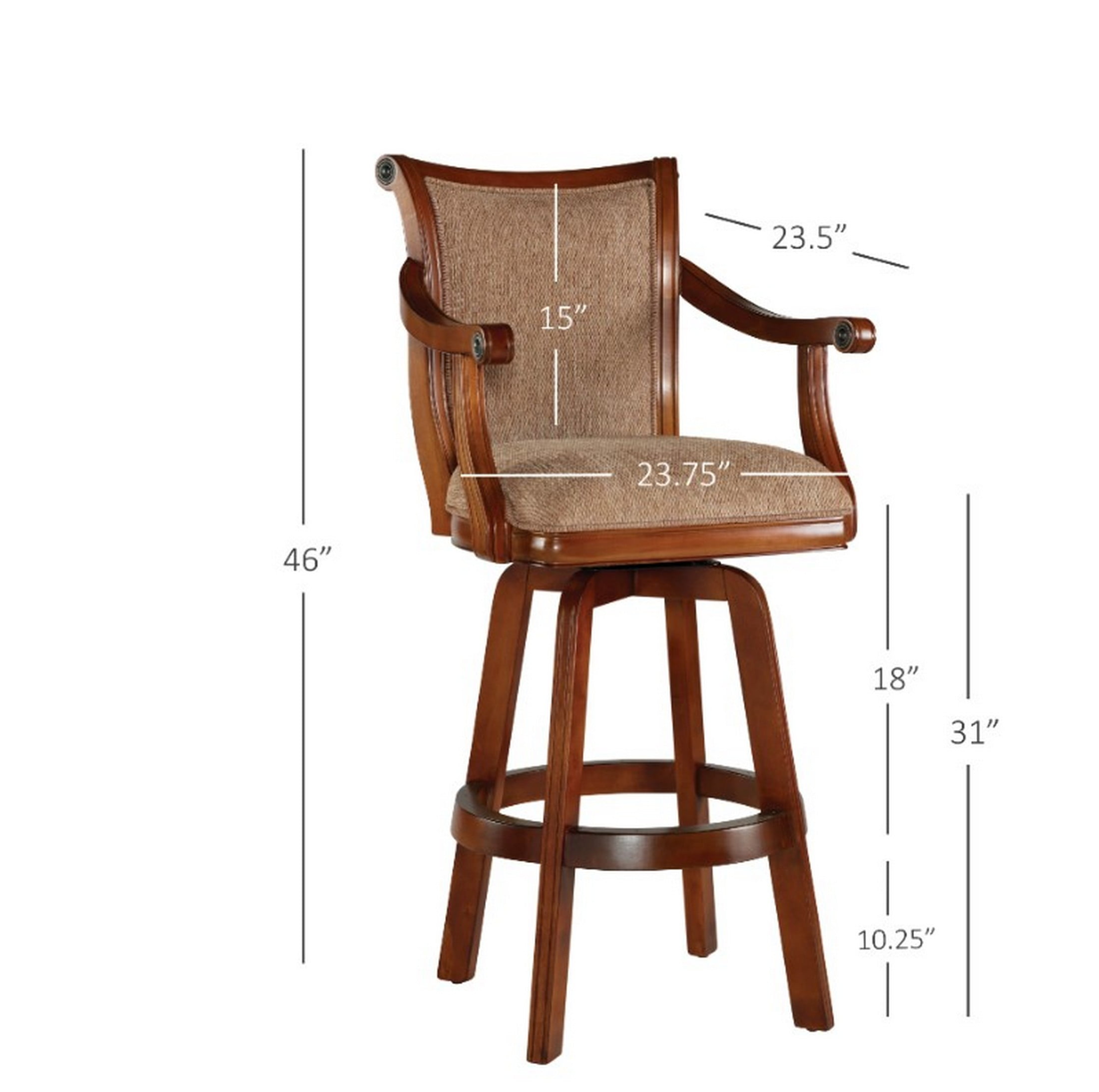 Linon Brandon 30" Mid Back Indoor Upholstered Bar Stool with Arms and Swivel, Light Warm Cherry/Light Brown