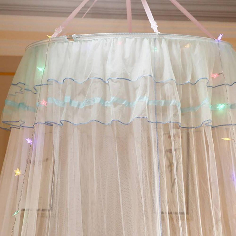Mosquito Net for Girl Bedroom Queen Size Bed with String Light,Bed Canopy Round Lace Dome Bed Tent Hanging Curtain 27.5 "x 102" Mosquito Net and Drapes Kids Canopy Bed,White