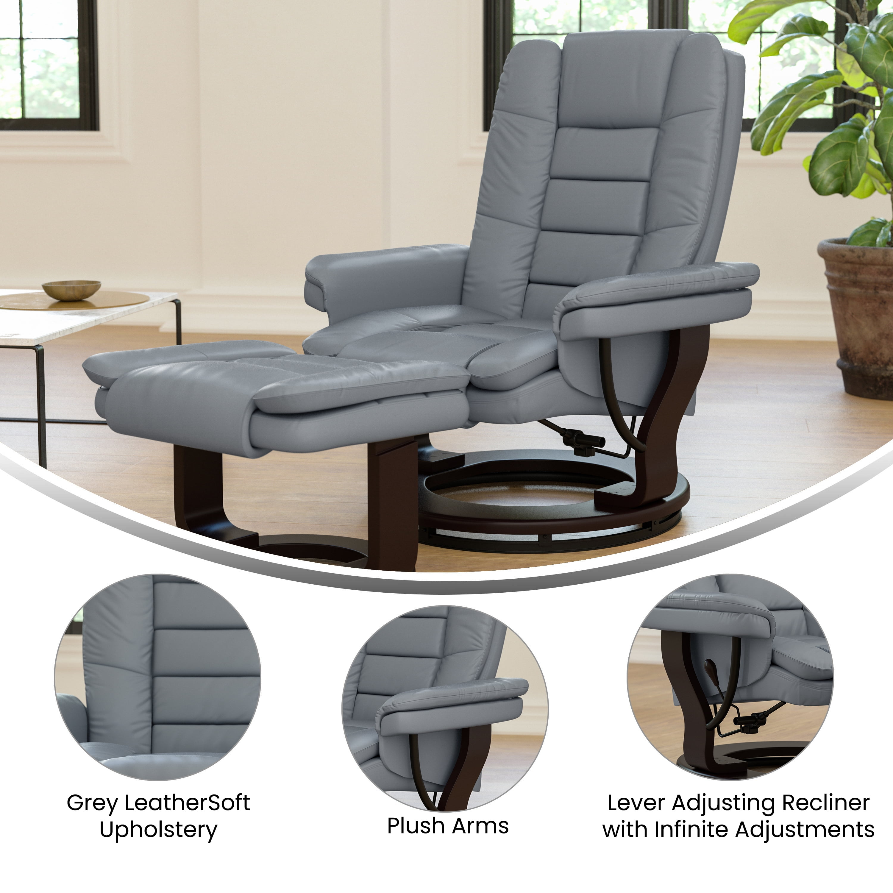 BizChair Contemporary Multi-Position Recliner with Horizontal Stitching and Ottoman with Swivel Mahogany Wood Base in Gray LeatherSoft