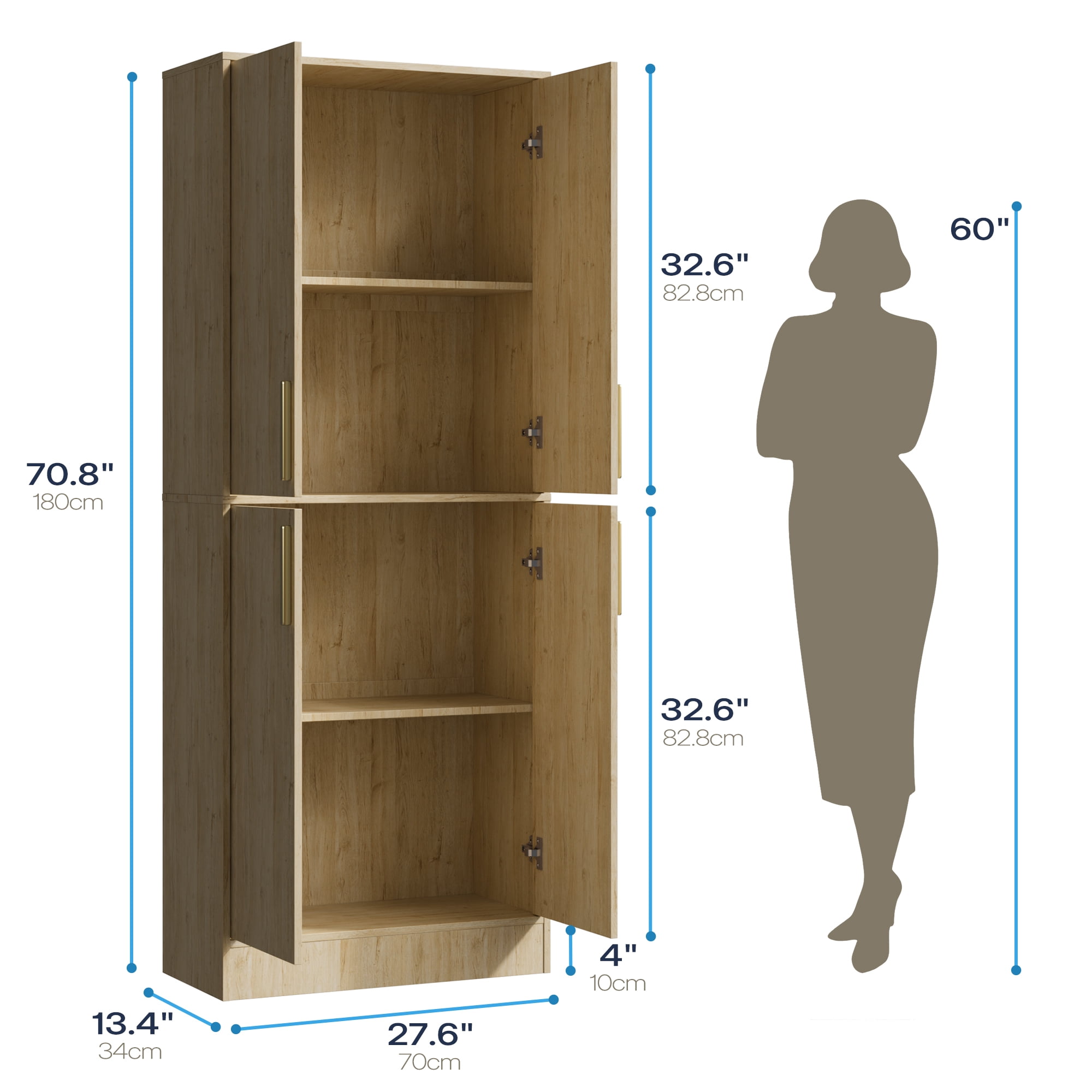 71" Tall Kitchen Pantry Storage Cabinet, Pantry Cabinet with 4 Doors, Freestanding Larder Cupboard, Kitchen Hutch with Gold Handles for Dining Room, Bathroom, Oak