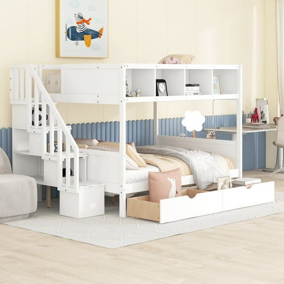 Kumix Twin over Full Bunk Bed, Wood Bunk Bed with Drawers, Shelves, Storage Staircase for Teens Adults, Multi-Function Bunk Bed with Safety Guardrail for Bedroom, Noise-Free, White