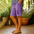 thumbnail image 2 of Womens Lightweight Breathable Knee Length Shorts Casual Vacation Elastic Waist Pleated Pocket Trousers Spring Summer Basic Capris Purple XL, 2 of 6