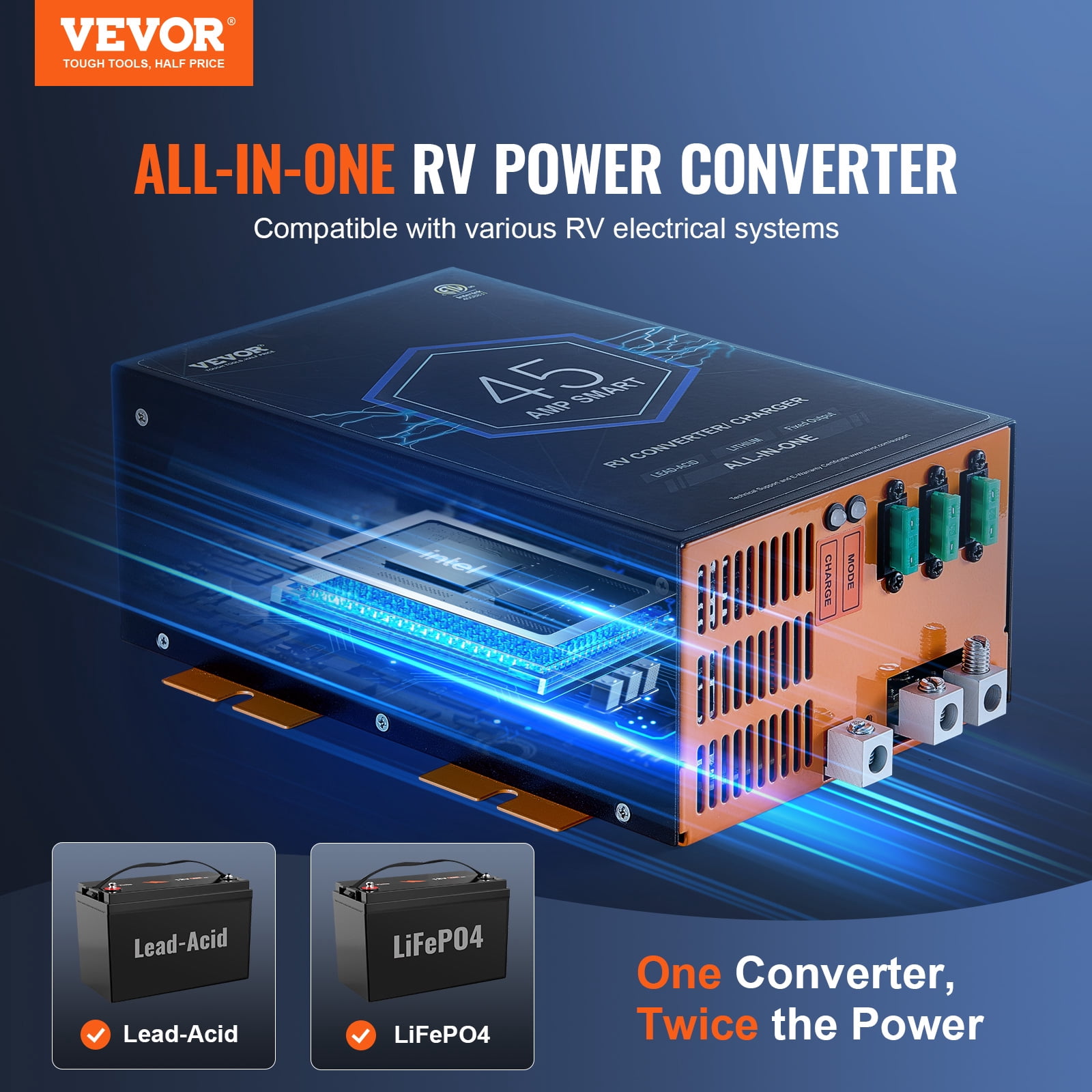 VEVOR RV Converter, 45 Amp, 110V AC to 12V DC RV Power Converter Battery Charger with 4 Stage Smart Charging 13V to 16.5V Adjustable Operating Range, Compatible with Lithium Lead Acid Battery, ETL