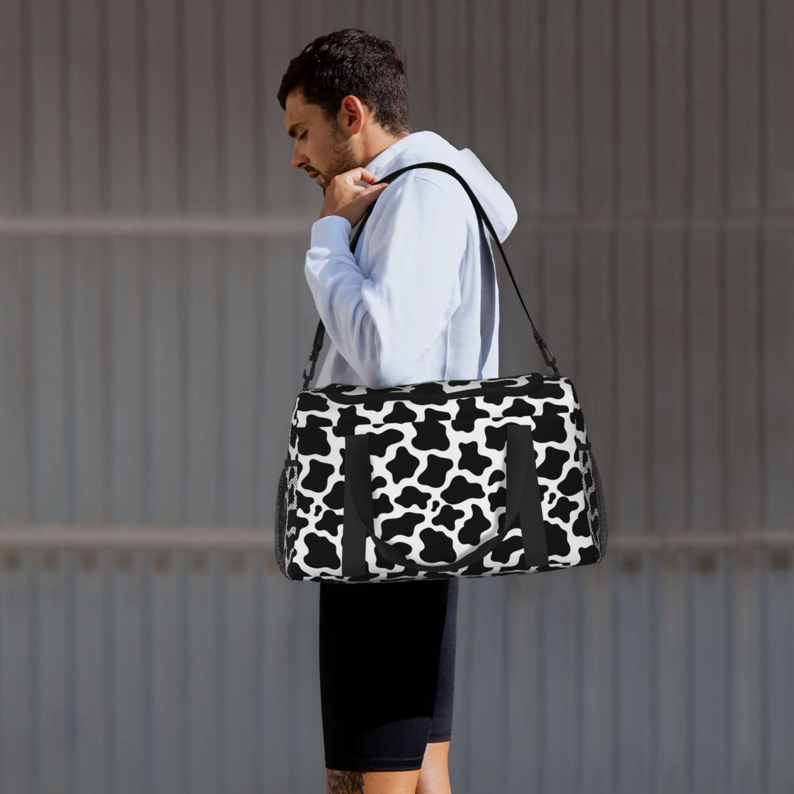 Kuqiui Cow Print Black White Print Foldable Travel Duffel Bag Tote Carry on Luggage Bag Personal item Sports Gym Bag Water Resistant Weekender Overnight Bags for Women and Men