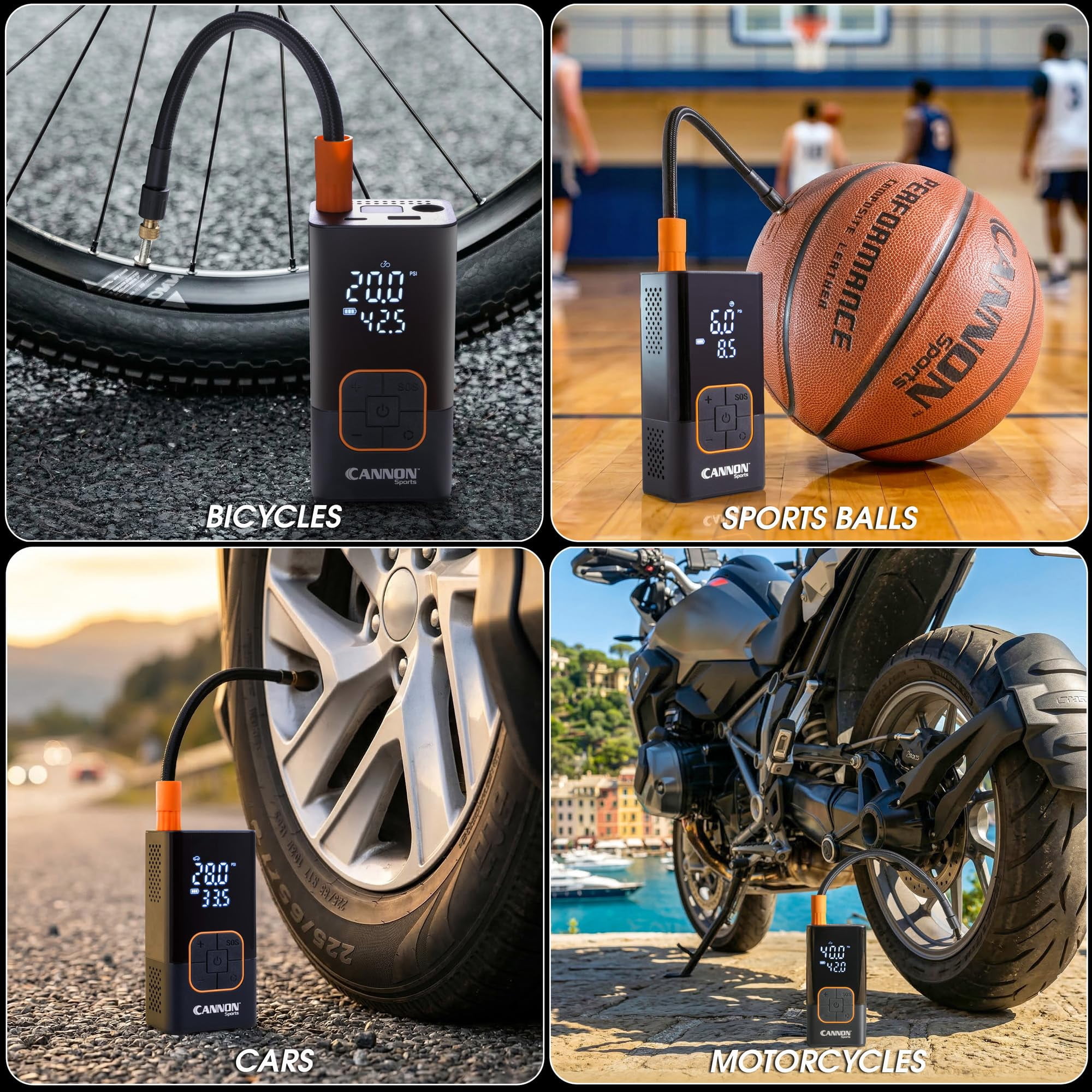 Cannon Sports Portable Tire Inflator Air Compressor & Electric Ball Pump – 150 PSI Cordless Digital Pump with LCD Display, Rechargeable Battery, LED Light – Car, Bike, Motorcycle Tires & Sports Balls