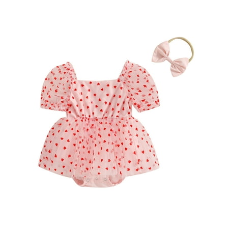 

Suealasg Newborn Girl Valentine s Day One Piece Bodysuits Clothes 3M 6M 12M 18M Infant Short Sleeve Heart Print A-line Romper Dress with Bowknot Headband Clothes for Baby Girl