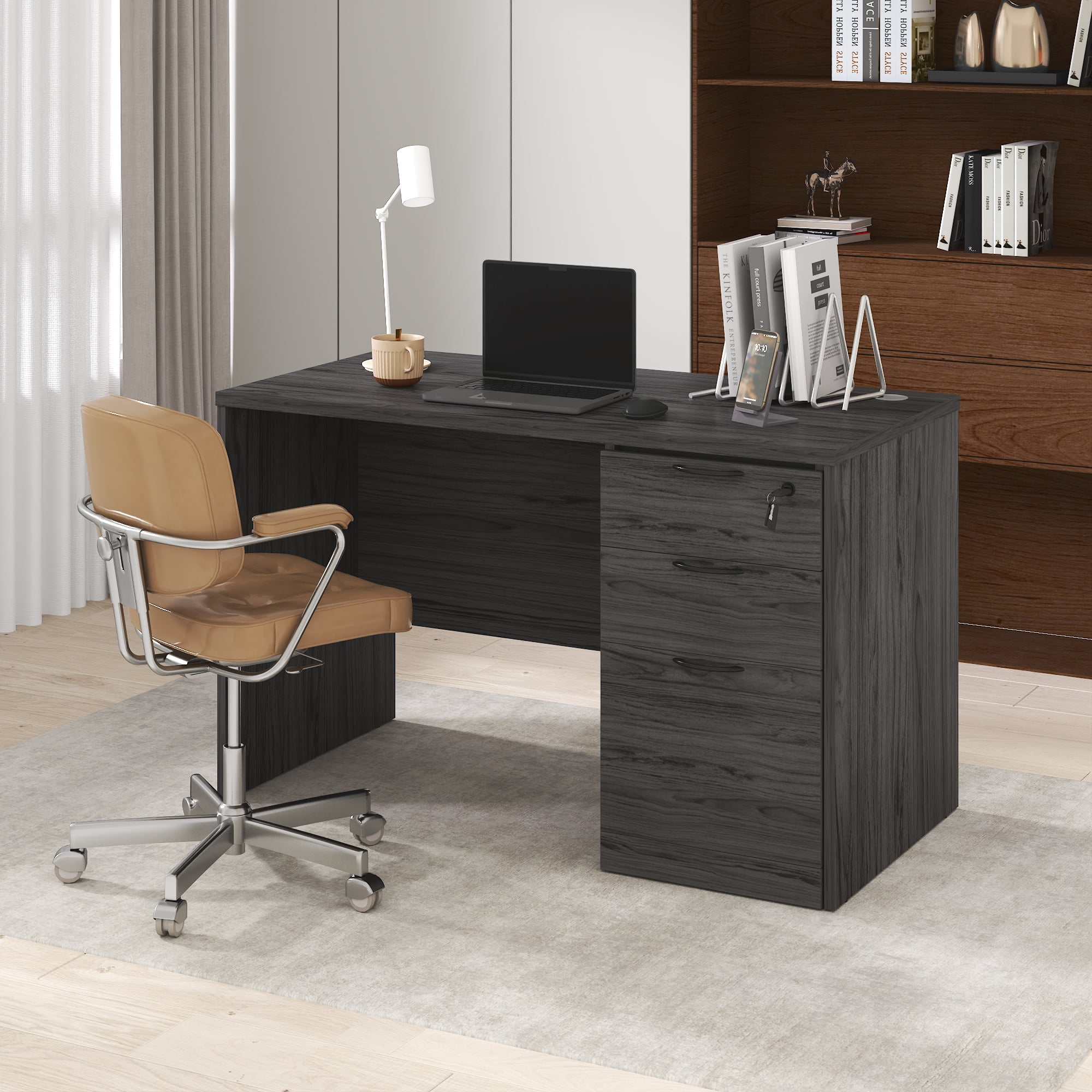 Furinno ROGER 47" Executive Desk with 3-Drawer Cord Grommet Coastal Gray