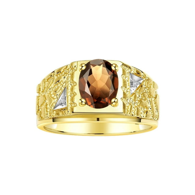 RYLOS Men's Rings Yellow Gold Plated Silver Designer Nugget Ring Oval 9X7MM Gemstone & Diamonds Smoky Quartz Birthstone Rings For Man Size 10
