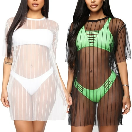 Joernso Sexy Women See Through Short Sleeve Cover-up Sunscreen Beach Bikini Cover Dress