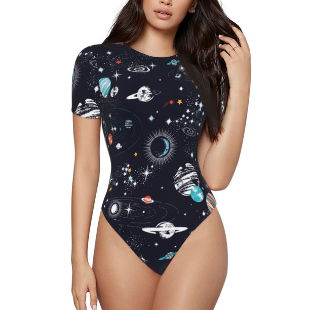 Fotbe Galaxy2 Body de Mujer con Cuello Redondo y Mangas Cortas, Sin Mangas Ajustado, Suave, Cómodo y Básico-Small
