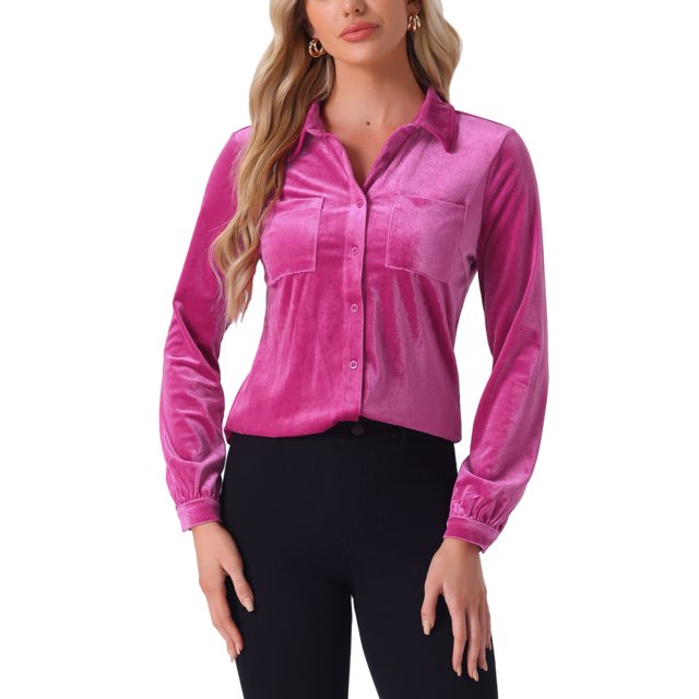 INSPIRE CHIC Women's Office Pocket Front Long Sleeve Button Down Velvet Shirt S Rose Red