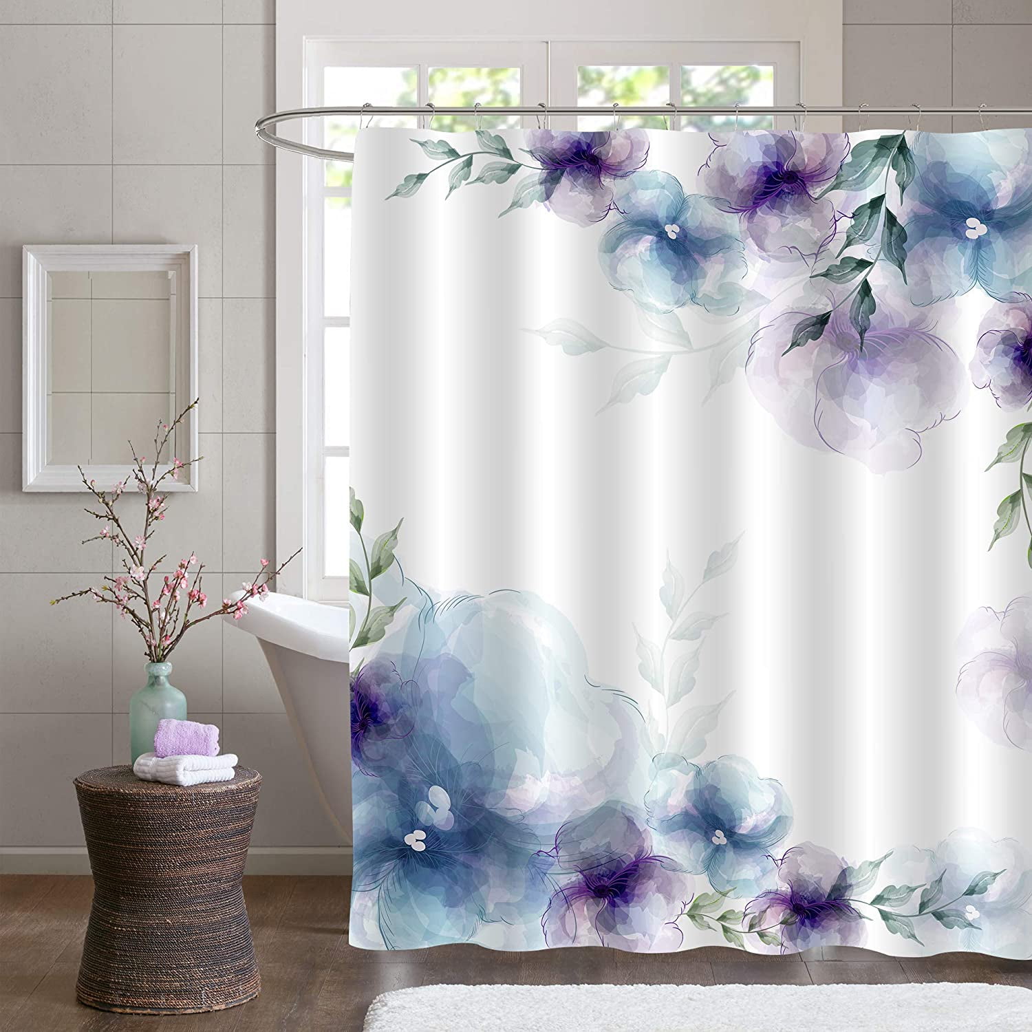 Summer Watercolor Floral Shower Curtain Waterproof Fabric Bathroom Accessories 