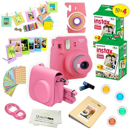 Low Light Camera Set - Fujifilm Instax Mini 9 Camera Pink + 15 PC Accessory Kit for Fujifilm instax mini 9 Instant Camera Includes: 40 Fuji Instax Films + Case + Album + Colored lenses + Assorted color/Style frames + MORE