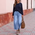 thumbnail image 5 of ASDFVBKG Women's Wide Leg Baggy Jeans Cropped Trendy Capri Jeans Stretch Denim Pull on Raw Hem Summer Denim Trouser Sky Blue M, 5 of 8