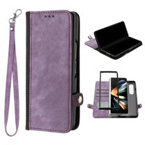 Dteck Galaxy Z Fold 3 Case, Z Fold3 5G Case Wallet for Women Men, Slim PU Leather Magnetic Flip Closure Wrist Strap Card Holder Wallet Case for Samsung Galaxy Z Fold3,Purple