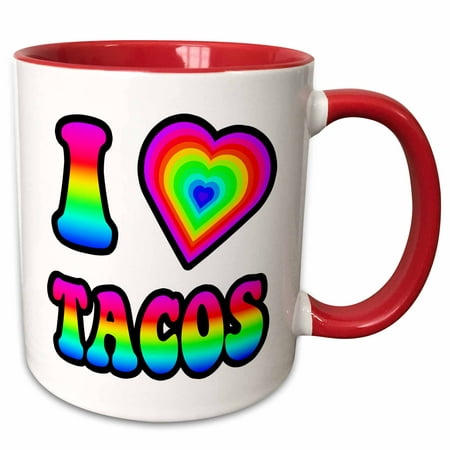 3dRose Groovy Hippie Rainbow I Heart Love Tacos - Two Tone Red Mug,