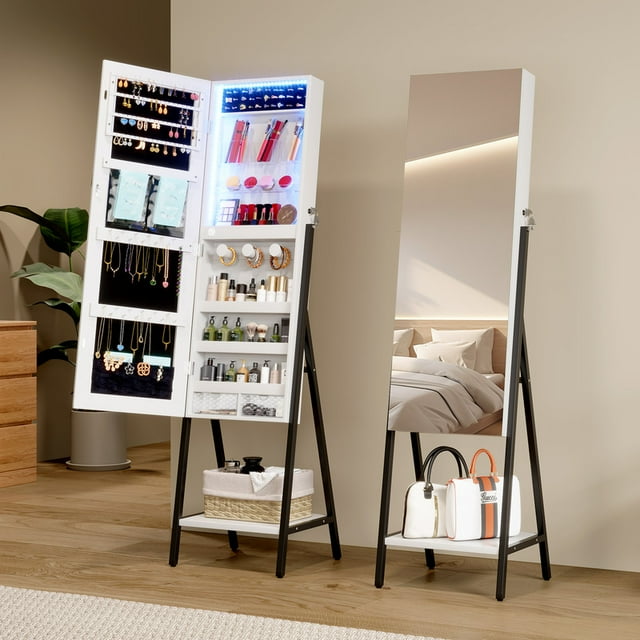 LVSOMT 3 LEDs Mirror Jewelry Cabinet, 60.4" Jewelry Mirror Full Length, Standing Lockable Jewelry Armoire Organizer, Floor Mirror with Storage for Jewelry Cosmetics