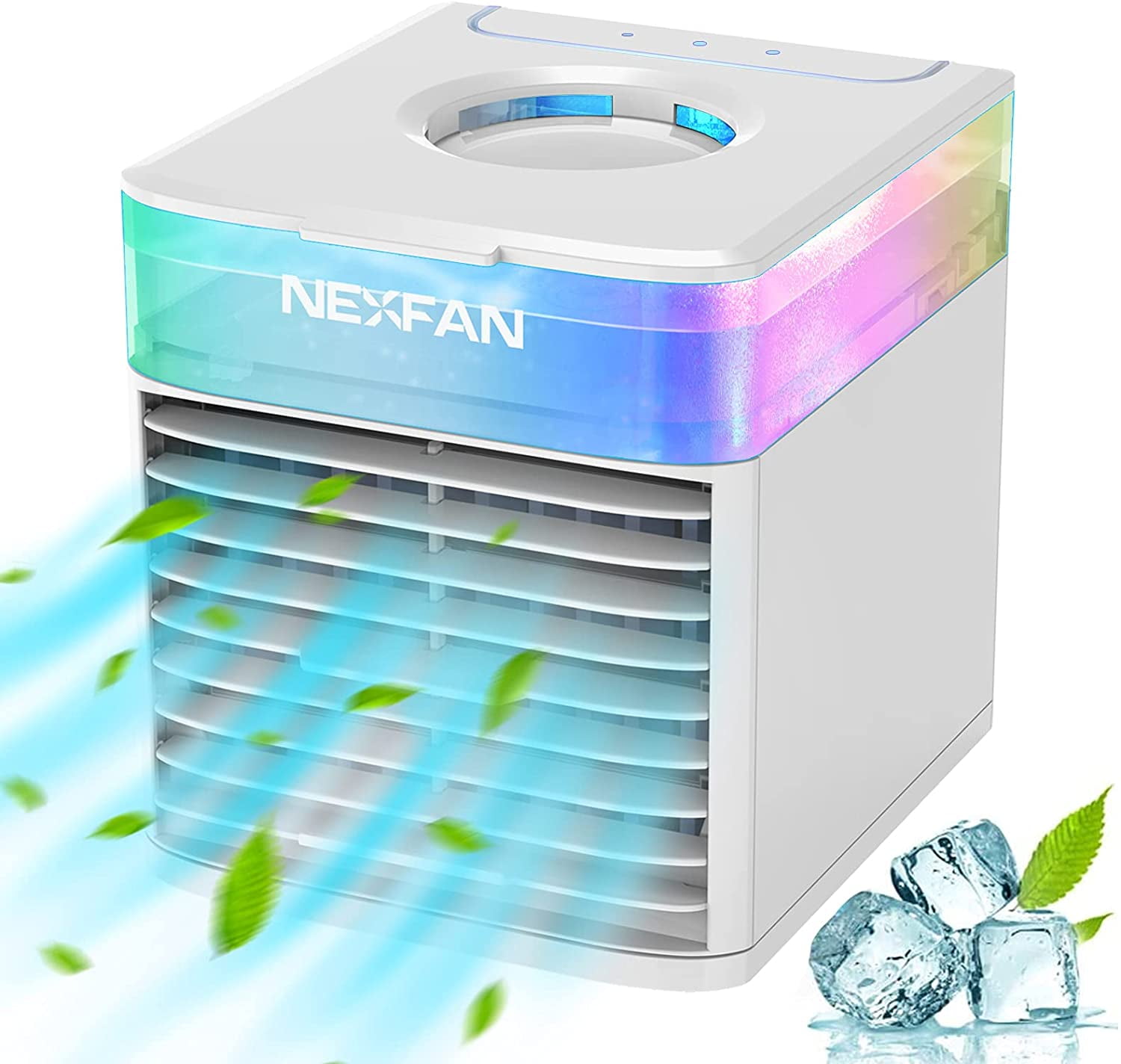 Mini Personal Air Cooler Fan with 3 Speed Mode Portable Air Conditioner Fan Office and Room and USB Input & 7 Colors Night Light Small Humidifier Air Cooler Desk Table Fan Handle for Home