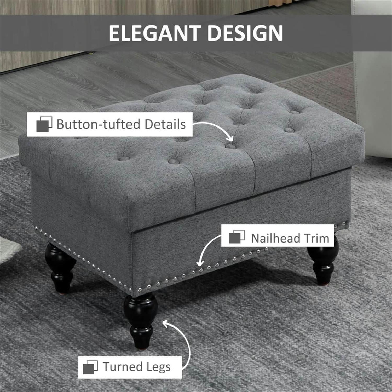 Demi Bonn 25" Storage Ottoman with Lift-Top Lid, Wooden Legs, Button Tufted Fabric Bench for Living Room, Gray