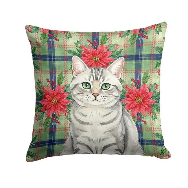 Caroline s Treasures Silver Mackerel Tabby Cat with Poinsettias Throw Pillow Decorative Indoor Outdoor Accent Cushion for Couch Bed or Patio 18Hx18W