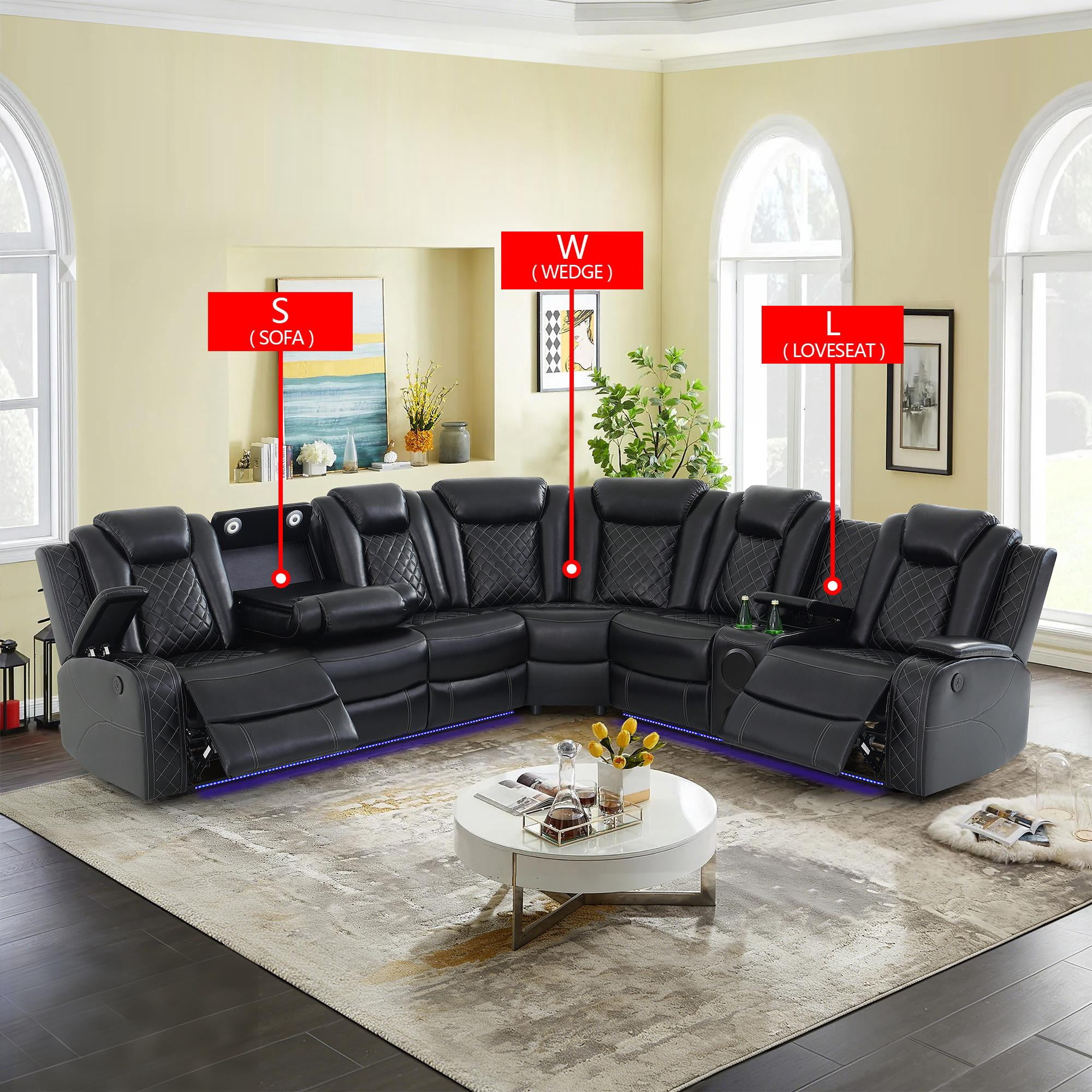 Gewnee Oversized Reclining Corner Sectional Couch, Power Reclining with Hidden‑Storage Armrest, Air Leather, Bluetooth Speakers, Wireless & USB Charging, Cup Holders, for Living Room, Black