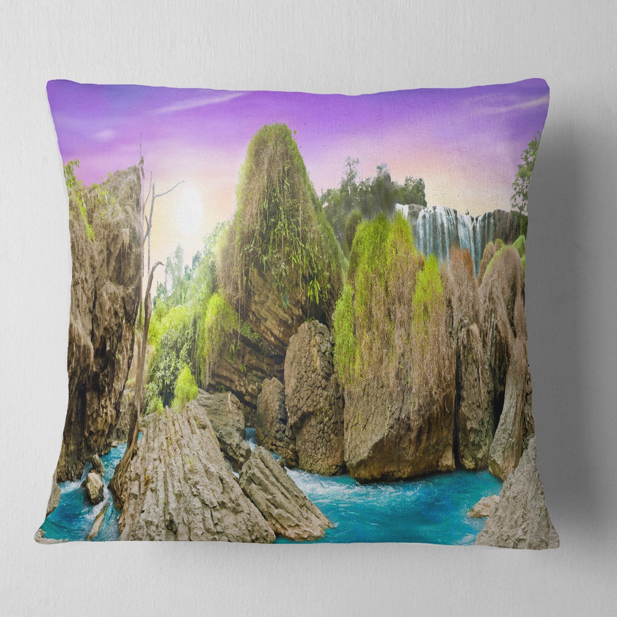 Designart Wild Forest and Waterfall Vietnam - Landscape Printed Throw Pillow - 16x16