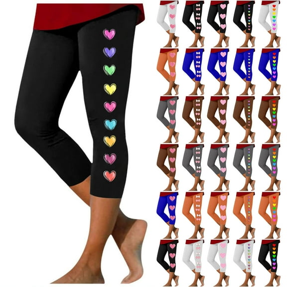 lcziwo Sale of The Day Prime Today, Women's High Waist Tummy Control Cropped Yoga Pants Valentine's Day Heart Printed Workout Leggings Casual Elastic Tight Capri Leggings Blue 3XL