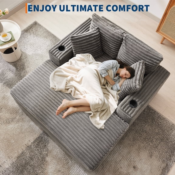 Kicctian Oversized Corduroy Chaise Lounge Chair, Deep Seat Upholstered Sofa Bed with Armrests & Throw Pillows,Grey